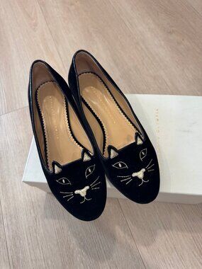 Charlotte Olympia Black Velvet Kitty Flats